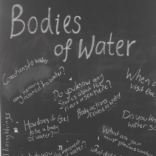 A chalkboard with questions and comments about Bodies of Water