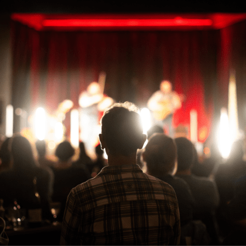 Audience members watch a performance with atmospheric lighting